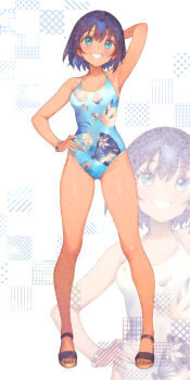 Rule 34 | 1girl, black hair, blue eyes, blue one-piece swimsuit, commentary request, dark-skinned female, dark skin, full body, grin, hand on own hip, one-piece swimsuit, original, print swimsuit, sandals, short hair, smile, solo, standing, swimsuit, yuki (nyge2252)