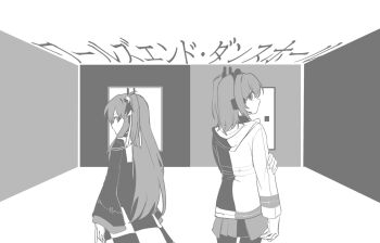 Rule 34 | 2girls, a.i. voice, adachi rei, antennae, charan (4963 nkym), closed mouth, door, dress, from behind, gloves, greyscale, hair ornament, hair ribbon, headset, highres, holding own arm, jacket, long hair, long sleeves, looking at viewer, looking back, medium hair, monochrome, multicolored jacket, multiple girls, ribbon, skirt, song name, tsukumo shion, two-tone dress, two-tone jacket, utau, world's end dancehall (vocaloid), yin yang hair ornament