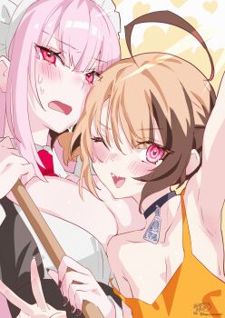 2girls ahoge alternate_costume apron armpits blonde_hair breasts brown_hair cleavage commentary dress frills gigi_murin highres hololive hololive_english jewelry kamiya_maneki large_breasts long_hair looking_at_viewer maid maid_apron maid_headdress mori_calliope multicolored_hair multiple_girls open_mouth orange_tank_top pink_eyes pink_hair puffy_sleeves red_eyes short_hair simple_background smile tank_top twintails two-tone_hair upper_body virtual_youtuber white_background
