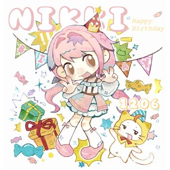 ^^^ ahoge birthday black_hair black_ribbon blue_hat bow bow_legwear bowtie bra_strap brown_eyes candy character_name cloak crown dated double_v ear_covers food frilled_shirt frilled_skirt frills garland_(decoration) gift hair_intakes hair_ribbon happy_birthday hat hat_ornament highres hood hood_up hooded_cloak hu-bumian infinity_nikki kneehighs layered_skirt light_blush long_hair long_sleeves low_twintails mini_crown mini_party_hat miniskirt momo_(nikki) nikki_(nikki) nikki_(series) off-shoulder_shirt off_shoulder open_mouth outline perfect_start_(infinity_nikki) pink_bow pink_hair pink_shoes pink_skirt polka_dot_headwear print_skirt puffy_long_sleeves puffy_sleeves red_bow red_bowtie red_hat ribbon shirt shoes sidelocks skirt smile socks star_(symbol) star_hat_ornament star_print striped_clothes striped_headwear tress_ribbon twintails v very_long_hair wavy_hair whiskers white_background white_outline white_shirt white_skirt white_socks yellow_cloak yellow_crown