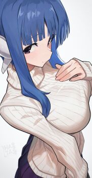 1girl blue_hair breasts commission hand_on_own_chest hata4564 headgear highres large_breasts light_smile long_sleeves looking_at_viewer original purple_eyes ribbed_sweater sidelocks sideways_glance simple_background skeb_commission solo sweater turtleneck turtleneck_sweater white_background white_sweater