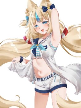 1girl ahoge animal_ears arm_behind_head arm_up armpits bare_shoulders bikini bikini_under_clothes bitemii blonde_hair blue_bikini blue_eyes blue_hair blue_neckerchief blue_sailor_collar blue_scrunchie bow breasts cat_ears commentary cowboy_shot dress fangs furrowed_brow hair_bow highres indie_virtual_youtuber lifebuoy_hair_ornament long_hair low_twintails midriff multicolored_bikini multicolored_hair navel neckerchief no_tail open_clothes open_dress open_mouth panty_straps sailor_collar sailor_dress sameko_saba sameko_saba_(1st_costume) scrunchie short_shorts shorts simple_background sleeveless sleeveless_dress small_breasts smile solo stomach streaked_hair striped_bikini striped_clothes swimsuit symbol-only_commentary teeth twintails two-tone_bikini two-tone_hair unbuttoned upper_teeth_only variant_set very_long_hair virtual_youtuber white_background white_dress white_shorts wrist_scrunchie