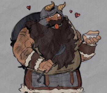 1boy :p bara beard big_belly blush commentary cowboy_shot dark-skinned_male dark_skin dungeon_meshi dwarf english_commentary facial_hair fake_horns fat fat_man heart helmet highres holding holding_ladle horned_helmet horns jaime_(grizzgotmilk) ladle long_beard male_focus mustache senshi_(dungeon_meshi) solo tasting thick_arm_hair thick_mustache tongue tongue_out very_long_beard wok
