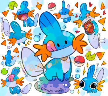 Rule 34 | :d, :q, absurdres, animal focus, bag, bag of chips, bubble, chips (food), closed mouth, commentary, doritos, english commentary, food, food on face, full body, gen 3 pokemon, happy, highres, holding, holding bag, lamichicuenta, mudkip, nintendo, no humans, nostrils, notice lines, open mouth, poke ball, poke ball (basic), pokemon, pokemon (creature), pokemon focus, puddle, simple background, smile, tongue, tongue out, twitter username, watermark, white background