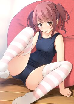 1girl bare_arms bare_shoulders breasts brown_eyes brown_hair collarbone commentary_request highres no_shoes old_school_swimsuit one-piece_swimsuit original school_swimsuit shibacha sitting small_breasts solo striped_clothes striped_thighhighs swimsuit thighhighs tongue tongue_out twintails wooden_floor