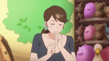 animated animated_gif between_breasts blue_eyes blush bouncing breasts brown_hair confused jump maken-ki! maken-ki!_two rudolf_(maken-ki!) stuffed_animal stuffed_toy takami_akio teddy_bear the_shopkeeper