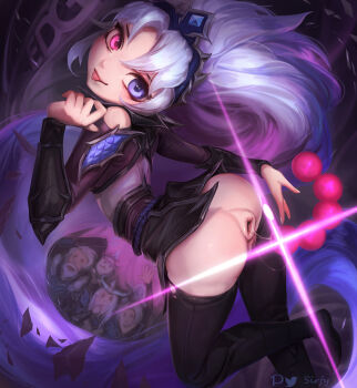 1girl :p after_anal anal_beads anus armor artist_name ass bare_shoulders black_boots black_dress black_thighhighs blue_eyes boots character_request commentary_request dress edg_zoe grey_hair hair_ornament heterochromia league_of_legends long_hair multicolored_hair pink_eyes sex_toy sirfy smile syndra thighhighs tongue tongue_out very_long_hair zoe_(league_of_legends)