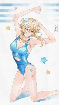 1girl absurdres arms_up blonde_hair blue_one-piece_swimsuit closed_mouth clothing_cutout flower genshin_impact hair_between_eyes hair_flower hair_ornament highres lumine_(genshin_impact) one-piece_swimsuit quinny_il smile solo star_(symbol) swimsuit yellow_eyes