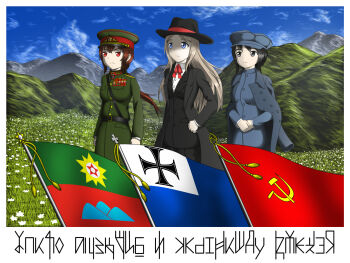 3girls black_eyes black_hair blonde_hair blue_eyes brown_hair caps cloud coat communism cross dictatorship field field_of_flowers flag flower formal_clothes generalissimo grass grassland hammer_and_sickle hat highres insignia long_hair mafia medal military military_uniform mountain multiple_girls peaked_cap ponytail poster_(medium) president propaganda red_eyes ribbon short_hair sky smile standing suit thai_text thailand white_flower