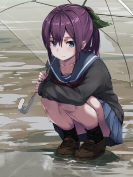 1girl black_shirt black_socks blue_eyes blue_sailor_collar blue_skirt bow brown_shoes closed_mouth green_bow hair_between_eyes hair_bow hashtag-only_commentary high_ponytail highres hikami_satori holding holding_umbrella jikkyou_powerful_pro_yakyuu pleated_skirt ponytail power_pro_appli puddle purple_hair rb2 sailor_collar school_uniform shirt shoes skirt socks solo squatting umbrella