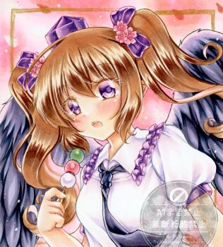 Rule 34 | 1girl, black necktie, black wings, blush, bow, breasts, brown hair, collared shirt, commentary, dango, feathered wings, flower, food, frilled shirt collar, frills, hair bow, hair flower, hair ornament, hat, highres, himekaidou hatate, holding, holding skewer, long hair, looking at viewer, medium breasts, necktie, nekofish666, open mouth, pink flower, pointy ears, puffy short sleeves, puffy sleeves, purple bow, purple eyes, purple hat, sanshoku dango, shirt, short sleeves, skewer, solo, tokin hat, touhou, twintails, upper body, wagashi, watermark, white shirt, wings