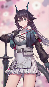 1girl arknights arknights:_endfield black_hair blue_gloves blue_horns blue_tail blurry blurry_background chen_qianyu_(arknights) closed_mouth commentary commentary_request cow dragon_girl dragon_horns dragon_tail dress eastern_dragon_horns eastern_dragon_tail english_commentary expressionless gloves green_eyes highres holding holding_sword holding_weapon horns i_am_fearing jacket long_hair long_sleeves looking_at_viewer mixed-language_commentary open_clothes open_jacket solo standing sword tail twintails weapon white_dress