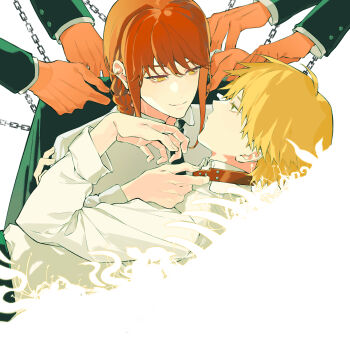 1boy 1girl absurdres animal_collar black_coat black_necktie black_pants blonde_hair braid braided_ponytail chain chainsaw_man coat collar collared_shirt denji_(chainsaw_man) disembodied_hand highres long_sleeves looking_at_another makima_(chainsaw_man) necktie pants red_hair ringed_eyes shirt sidelocks single_braid smile tuzaixia yellow_eyes