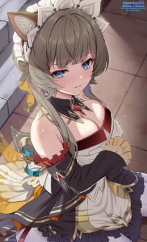 1girl animal_ears automaton_(object) bare_shoulders black_dress black_shoes blue_eyes braid breasts brown_hair bun_with_braided_base cat_ears cleavage commentary_request detached_collar detached_sleeves dress genshin_impact gloves hair_bun highres long_sleeves looking_at_viewer outdoors pantyhose ponnyu12 sandrone_(genshin_impact) shoes short_hair_with_long_locks sitting solo wariza white_gloves white_pantyhose