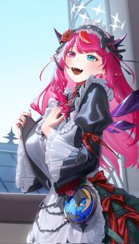 1girl :d apron black_dress blue_eyes blunt_bangs brooch commentary corrupted_twitter_file crinoline crystal_wings day double_halo dress drill_hair drill_sidelocks fangs flower hair_flower hair_ornament hair_ribbon halo hands_up hashtag-only_commentary heterochromia highres holding holding_tray hololive hololive_english indoors irys_(hololive) irys_(maid)_(hololive) jeong_jje jewelry juliet_sleeves layered_sleeves long_hair long_sleeves looking_at_viewer maid official_alternate_costume official_alternate_hairstyle open_mouth pointy_ears puffy_sleeves purple_eyes red_hair ribbon sidelocks single_hair_streak sleeve_belt smile solo star-shaped_pupils star_(symbol) star_halo symbol-shaped_pupils teeth tray upper_teeth_only victorian_maid virtual_youtuber white_apron wide_sleeves wings