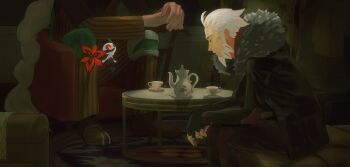 2boys armchair az_(pokemon) beard black_gloves black_jacket black_pants brown_shoes cane chair closed_eyes commentary_request cup cutegua facial_hair fingerless_gloves fingernails floating floette floette_(eternal) flower fur-trimmed_jacket fur_trim gen_6_pokemon gloves highres holding holding_cane holding_flower holding_jewelry holding_ring indoors jacket jewelry l_(pokemon) long_hair long_sleeves male_focus mega_ring mega_stone multiple_boys nintendo pants plate pokemon pokemon_legends:_z-a red_flower ring shoes short_hair sitting spoilers striped_clothes table teacup teapot unworn_ring vertical-striped_clothes very_long_hair white_hair