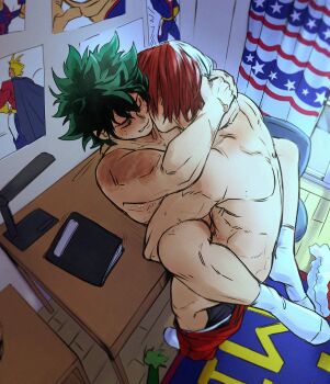 2boys anal back boku_no_hero_academia closed_eyes clothes_pull collarbone freckles from_above full_body green_hair hat highres male_focus male_penetrated midoriya_izuku multicolored_hair multiple_boys nude pants pants_pull red_hair red_pants santa_costume santa_hat scar scar_on_arm short_hair sitting sitting_on_table socks split-color_hair standing tododeku todoroki_shoto todoroki_shoto toned toned_male two-tone_hair unworn_hat unworn_headwear white_hair white_socks yaoi zazaraza33