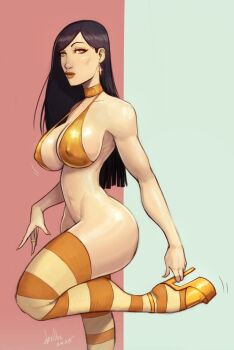 1girl bikini bikini_top_only black_hair bottomless breasts cross cross_earrings devilhs earrings gold_bikini gold_heels gold_shoes high_heels highres jewelry large_breasts long_hair looking_at_viewer original pink_background ring shoes signature solo stripes_(devil_hs) swimsuit thighhighs two-tone_background two-tone_thighhighs white_background yellow_eyes yellow_thighhighs