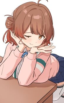 1girl ;) absurdres ahoge aroon blue_ribbon blue_skirt blush breasts brown_eyes brown_hair cardigan closed_mouth collared_shirt commentary dot_nose elbow_rest gakuen_idolmaster gradient_hair hair_bun hanami_ume hatsuboshi_gakuen_school_uniform head_on_hand head_rest highres idolmaster large_breasts leaning_on_table long_sleeves looking_at_viewer multicolored_hair neck_ribbon one_eye_closed pink_cardigan pleated_skirt raised_inner_eyebrows ribbon school_uniform shirt short_hair sidelocks simple_background single_hair_bun single_side_bun skirt smile solo table thighhighs white_background white_shirt white_thighhighs zettai_ryouiki