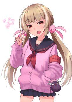 1girl armband black_sailor_collar black_skirt blonde_hair blunt_bangs blush cardigan commentary_request cowboy_shot fang hair_ornament hand_in_pocket highres long_hair looking_at_viewer low_twintails miniskirt natori_sana open_mouth pink_cardigan pleated_skirt rabbit_hair_ornament s_ibane sailor_collar sana_channel simple_background skin_fang skirt smile solo twintails v virtual_youtuber white_background