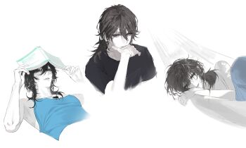 Rule 34 | 1girl, absurdres, bare shoulders, black eyes, black hair, black shirt, blue pants, blue tank top, book, breasts, chinese commentary, closed mouth, commentary request, cropped torso, deren (path to nowhere), double-parted bangs, earrings, hair between eyes, hammock, heart, heart earrings, highres, holding, holding book, jewelry, luori dianxin, medium hair, multiple views, on hammock, open book, pants, path to nowhere, shirt, short sleeves, simple background, small breasts, t-shirt, tank top, thinking, white background, white shirt