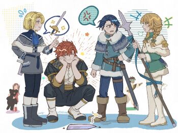 Rule 34 | 2girls, 3boys, aged down, anger vein, arguing, ascot, black hair, blonde hair, blue ascot, blue capelet, blue eyes, blue pants, boots, braid, brown boots, brown eyes, brown hair, capelet, claude von riegan, claude von riegan (young), closed eyes, closed mouth, dimitri alexandre blaiddyd, dimitri alexandre blaiddyd (young), dress, edelgard von hresvelg, edelgard von hresvelg (young), felix hugo fraldarius, felix hugo fraldarius (young), fire emblem, fire emblem: three houses, fire emblem heroes, fur trim, garreg mach monastery uniform, green dress, green eyes, hands on own cheeks, hands on own face, highres, holding, holding polearm, holding stuffed toy, holding weapon, ingrid brandl galatea, ingrid brandl galatea (young), knee boots, long hair, long sleeves, multiple boys, multiple girls, nancy (socl2), nintendo, official alternate costume, official alternate hairstyle, pants, pantyhose, polearm, puff of air, short hair, smile, spoken anger vein, spoken object, squatting, stuffed animal, stuffed toy, sword, sylvain jose gautier, talking, teddy bear, time paradox, twin braids, weapon, white boots, white capelet, white pantyhose