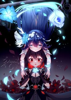 Rule 34 | 2girls, absurdres, artist name, black dress, black gloves, black hair, blue eyes, blue hair, chinese commentary, colored inner hair, commentary request, dress, dual persona, flower, gloves, hair flower, hair ornament, highres, honkai (series), honkai impact 3rd, long hair, meow maolai, multicolored hair, multiple girls, parted lips, red eyes, red hair, seele vollerei, seele vollerei (herrscher of rebirth), seele vollerei (stygian nymph), short hair, smile, two-tone hair, very long hair