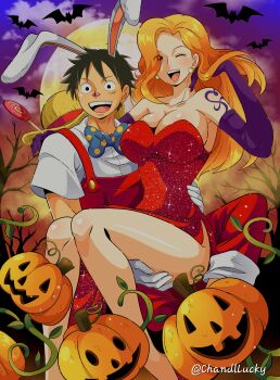 1boy 1girl ;d absurdres animal_ears bare_legs bare_shoulders bat_(animal) black_hair bowtie breasts candy carrying chandllucky cleavage cloud cloudy_sky collarbone collared_shirt cosplay dress earrings elbow_gloves eyes_visible_through_hair facial_scar feet_out_of_frame food full_moon gloves halloween hat highres holding holding_candy holding_food jessica_rabbit jessica_rabbit_(cosplay) jewelry large_breasts legs long_hair monkey_d._luffy moon nami_(one_piece) one_eye_closed one_piece open_mouth orange_hair overalls pearl_earrings polka_dot_bow polka_dot_bowtie princess_carry pumpkin rabbit_ears red_dress red_overalls roger_rabbit roger_rabbit_(cosplay) scar scar_on_cheek scar_on_face shirt short_hair short_sleeves shoulder_tattoo sky smile sparkle strapless strapless_dress straw_hat tattoo teeth thighs twitter_username unworn_hat unworn_headwear upper_teeth_only wavy_hair white_gloves white_shirt who_framed_roger_rabbit
