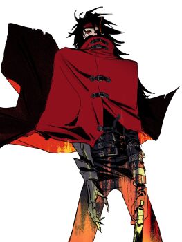 1boy black_hair clawed_gauntlets cloak commentary cowboy_shot edpan english_commentary eye_trail final_fantasy final_fantasy_vii gauntlets headband highres light_trail long_hair male_focus red_cloak red_eyes red_headband simple_background single_gauntlet solo spiked_hair vincent_valentine