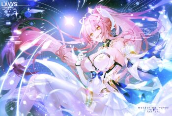 1girl aemeath_(wuthering_waves) ahoge alt_text alternate_breast_size_(larger) artist_name bare_shoulders breasts commentary dated elbow_gloves english_commentary floating_hair from_side gloves hair_ornament hand_up large_breasts lavyplus leotard long_hair looking_at_viewer looking_to_the_side open_mouth orange_eyes pink_hair ponytail smile solo star-shaped_pupils star_(symbol) symbol-shaped_pupils thighs very_long_hair watermark white_gloves white_leotard wuthering_waves