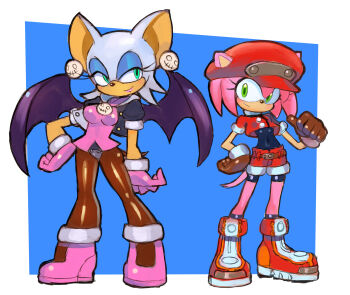 2girls amy_rose blush breasts newsboy_cap cosplay cropped_jacket dakusuta earrings full_body furry furry_female gloves green_eyes hand_on_own_hip hat highres jewelry long_hair mega_man_(series) mega_man_legends_(series) multiple_girls pantyhose pink_gloves puffy_short_sleeves puffy_sleeves red_shorts roll_caskett_(mega_man) roll_caskett_(mega_man)_(cosplay) rouge_the_bat short_sleeves shorts simple_background smile sonic_(series) tron_bonne_(mega_man) tron_bonne_(mega_man)_(cosplay)