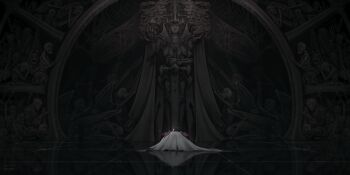 Rule 34 | 1boy, armor, bowing, cape, climbing, cookie run, cookie run: kingdom, crown, dark cacao cookie, dark choco cookie, dim lighting, flayyr, from behind, full body, gem, head down, highres, kneeling, light particles, object floating above hand, oversized object, painterly, planted, planted sword, planted weapon, reaching, reaching towards another, robe, shoulder armor, size difference, skeleton, statue, sword, tile floor, tiles, weapon, white cape