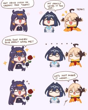 >_< 3girls :d ^_^ ahoge bare_shoulders blonde_hair blue_hair bow brooch brown_hair chain closed_eyes commentary english_commentary english_text fang flower gigi_murin gigi_murin_(1st_costume) hairband highres hololive hololive_english jacket jewelry long_hair mole mole_under_eye multicolored_hair multiple_girls ninomae_ina'nis ninomae_ina'nis_(1st_costume) open_mouth orange_hair ouro_kronii ouro_kronii_(1st_costume) purple_eyes purple_hair rose sappysque short_hair smile sparkle streaked_hair tentacle_hair twintails virtual_youtuber xd