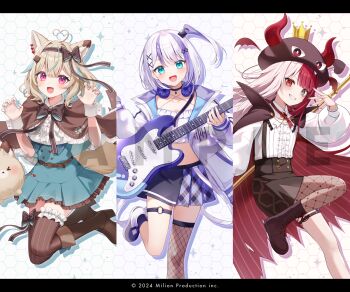 Rule 34 | 3girls, ahoge, akubi demonspade, amakami konomi, animal ear fluff, animal ears, black bow, black hairband, black hat, black skirt, blue eyes, blue nails, blue skirt, blush, boots, bow, brown boots, brown capelet, brown cloak, brown hair, brown pantyhose, brown thighhighs, camisole, capelet, center frills, claw pose, cloak, collarbone, commentary request, criss-cross halter, electric guitar, fake horns, fishnet pantyhose, fishnet thighhighs, fishnets, frilled capelet, frills, grey eyes, grey hair, grey nails, grin, guitar, hair bow, hair ornament, hairband, halterneck, hat, headphones, headphones around neck, heart, heart ahoge, high-waist skirt, high heel boots, high heels, holding, holding instrument, honeycomb (pattern), honeycomb background, horned hat, horned headwear, horns, instrument, jacket, lace-up boots, letterboxed, long hair, long sleeves, million production, momoshiki tsubaki, multicolored hair, multiple girls, nail polish, nonono nono, official art, one side up, open clothes, open jacket, pantyhose, plaid clothes, plaid skirt, pleated skirt, puffy long sleeves, puffy sleeves, purple hair, purple skirt, red eyes, red hair, shirt, single leg pantyhose, single thighhigh, skirt, sleeves past wrists, smile, striped clothes, striped thighhighs, tail, thighhighs, thighhighs under boots, two-tone hair, vertical-striped clothes, vertical-striped thighhighs, very long hair, virtual youtuber, white camisole, white jacket, white shirt, wrist cuffs, x hair ornament