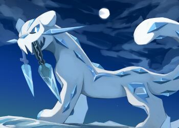 animal_focus blue_eyes bright_pupils chien-pao commentary_request fangs full_moon highres ice kou11021301 moon night nintendo no_humans open_mouth outdoors pokemon pokemon_(creature) skin_fangs sky snow_leopard star_(sky) whiskers white_pupils