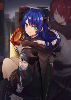 2girls absurdres arknights arm_support black_gloves black_jacket blue_eyes blue_hair burger closed_mouth commentary_request exusiai_(arknights) food gloves halo highres hood hood_down jacket long_hair long_sleeves mostima_(arknights) multiple_girls sasa_kurumi traditional_halo