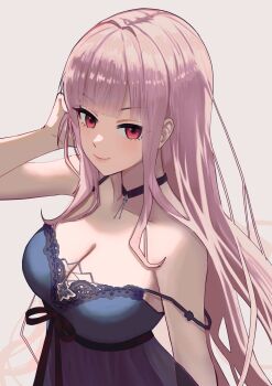 1girl black_choker black_nightgown breasts choker cleavage closed_mouth collarbone commentary eneeues hand_up highres hololive hololive_english large_breasts long_hair mori_calliope mori_calliope_(sleepwear) nightgown pink_hair red_eyes simple_background smile solo strap_slip upper_body very_long_hair virtual_youtuber