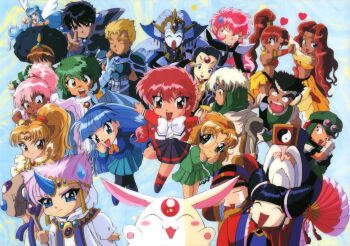 1990s_(style) 6+boys 6+girls alcyone_(rayearth) armlet armor artist_request ascot_(rayearth) asuka_(rayearth) beard blonde_hair blue_eyes blue_hair blue_hairband blue_skirt bow caldina_(rayearth) chanan chibi chibi_only clef_(rayearth) closed_eyes commentary dark-skinned_female dark-skinned_male dark_skin debonair_(rayearth) eagle_vision english_commentary everyone facial_hair fairy ferio_(rayearth) geo_metro_(rayearth) glasses gold_armlet green_eyes green_skirt hairband happy hat heart highres holding holding_staff hououji_fuu jewelry lafarga_(rayearth) lantis_(rayearth) long_beard long_hair looking_at_viewer magic_knight_rayearth mokona multiple_boys multiple_girls nova_(rayearth) official_art ojou-sama_pose old old_man open_mouth pleated_skirt pointy_ears presea_(rayearth) primera_(rayearth) retro_artstyle ryuuzaki_umi san_yun_(rayearth) scan scar scar_on_face shidou_hikaru shitajiki short_hair shoulder_armor siblings sisters skirt smile staff sweatdrop tarta_(rayearth) tatra_(rayearth) tears third-party_source v very_long_beard white_bow zazu_torque