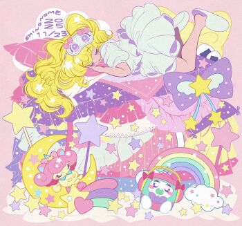 1girl artist_name bed blonde_hair bow closed_eyes cloud commentary_request crescent dress feet_up full_body highres idol_time_pripara long_hair lying on_bed on_stomach pillow pretty_series pripara punicorn purple_bow rainbow rice_cooker ringlets shino_bunnys sleep_mask sleeping slippers solo star_(symbol) takki_(pripara) two_side_up unicorn white_dress yumekawa_yui