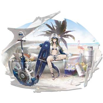 1girl absurdres arknights beach bikini bird blue-tinted_eyewear blue_bikini blue_jacket chainsaw coconut_tree couch crocodilian_tail eyewear_on_head flamingo gavial_(arknights) gavial_the_invincible_(arknights) gavial_the_invincible_(holiday)_(arknights) green_hair highres jacket long_hair long_sleeves looking_at_viewer ocean official_alternate_costume official_art on_couch open_clothes open_jacket outdoors palm_tree pointy_ears puffy_long_sleeves puffy_sleeves sitting smile solo surfboard swimsuit tail tinted_eyewear tree yellow_eyes