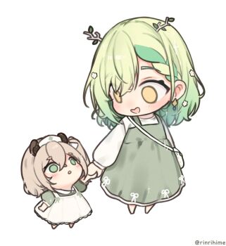 2girls :o aged_down arms_at_sides bag blonde_hair braid ceres_fauna chibi child commentary crossed_bangs dress earrings english_commentary eyes_visible_through_hair facing_up flower frilled_dress frills goat_horns green_dress green_eyes green_ribbon green_sleeves hair_between_eyes hair_flower hair_ornament hat heart-shaped_mouth highres holding_hands hololive hololive_english horns indie_virtual_youtuber jewelry long_hair long_sleeves looking_at_another looking_up medium_hair multicolored_hair multiple_girls nimi_nightmare nurse_cap open_mouth parted_bangs puffy_short_sleeves puffy_sleeves ribbon rinrihime shirt short_sleeves shoulder_bag simple_background single_braid solid_circle_eyes streaked_hair twig twitter_username virtual_youtuber voice_actor_connection white_background white_dress white_ribbon white_shirt white_sleeves yellow_eyes