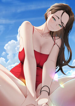 1girl bare_arms bare_legs bare_shoulders barefoot blue_sky blueorca breasts brown_hair cleavage cloud collarbone commentary english_commentary green_eyes head_tilt highres holding_own_foot knees_apart_feet_together large_breasts legs lens_flare long_hair looking_at_viewer mole mole_under_mouth one-piece_swimsuit original red_one-piece_swimsuit sitting sky smile solo swimsuit thighs toes wrist_straps