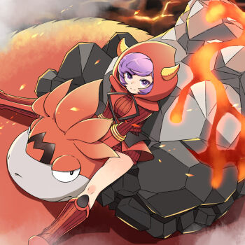 10s 1girl camerupt courtney_(pokemon) courtney_(pokemon_oras) embers fake_horns gen_3_pokemon highres hood horns lava mega_camerupt mega_pokemon nintendo pokemon pokemon_(creature) pokemon_oras purple_eyes purple_hair riding smile team_magma tm_(hanamakisan)