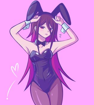 Rule 34 | 1girl, anami saki, animal ear hairband, animal ears, black bow, black bowtie, black leotard, bow, bowtie, breasts, brown eyes, brown hair, brown thighhighs, commentary, detached collar, eggydgrp, english commentary, fake animal ears, fishnet pantyhose, fishnets, hairband, highres, leotard, long hair, looking at viewer, multicolored hair, original, pantyhose, pink background, pink hair, playboy bunny, rabbit ear hairband, rabbit ears, solo, strapless, strapless leotard, thighhighs, tongue, tongue out, two-tone hair, white wrist cuffs, wrist cuffs