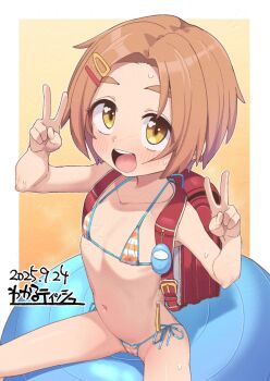 1girl adversarial_noise artist_name backpack bag ball bikini blue_bikini blush border brown_hair collarbone crime_prevention_buzzer dated double_v exercise_ball flat_chest gradient_background hands_up highres idolmaster idolmaster_cinderella_girls kanabun loli looking_at_viewer micro_bikini open_mouth orange_bikini outside_border randoseru red_bag ryuzaki_kaoru short_hair side-tie_bikini_bottom solo string_bikini striped_bikini striped_clothes sweat swimsuit teeth tongue upper_teeth_only v variant_set white_border yellow_background yellow_eyes