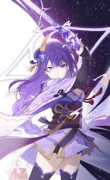 3girls absurdres arm_up black_panties blue_pupils blunt_bangs braid breasts bridal_gauntlets cleavage closed_mouth clothing_cutout commentary_request electricity expressionless eye_symbol faceless faceless_female fan_hair_ornament floating floating_hair flower flower_ornament bad_tag from_behind genshin_impact glowing gradient_hair hair_floating_upwards hair_ornament head_tilt highres japanese_clothes kimono kitsune_saiguu large_breasts long_braid long_hair looking_at_viewer makoto_(genshin_impact) mitsudomoe_(shape) mole mole_under_eye multicolored_eyes multicolored_hair multiple_girls musou_isshin_(genshin_impact) night off_shoulder panties powering_up purple_eyes purple_flower purple_hair purple_kimono purple_thighhighs raiden_shogun red_sash sash shade short_sleeves shoulder_cutout single_braid sky solo_focus star_(sky) starry_sky streaked_hair thighhighs thighs tomoe_(symbol) underwear upper_body wide_sleeves yanwo_shiro