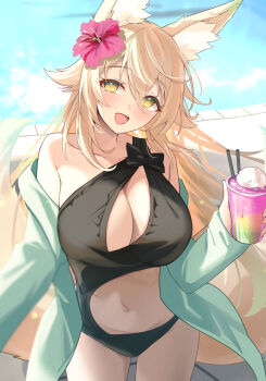 1girl :d animal_ears black_one-piece_swimsuit blonde_hair breasts cleavage commentary_request commission cup drinking_straw flower fox_ears fox_girl fox_tail green_eyes hair_flower hair_ornament highres holding holding_cup large_breasts long_hair looking_at_viewer meyamu navel one-piece_swimsuit open_mouth original pool red_flower skeb_commission smile solo standing swimsuit tail