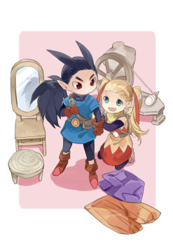 1boy 1girl blonde_hair blue_eyes blue_tunic border brown_shoes commentary_request dragon_quest dragon_quest_builders_2 female_builder_(dqb2) full_body gloves mirror oboro_keisuke pointy_ears red_eyes red_ribbon ribbon shoes sidoh_(dqb2) spinning_wheel tunic white_border