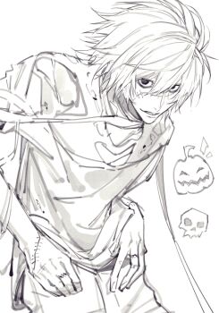 Rule 34 | 1boy, bags under eyes, bandaged neck, bandages, cowboy shot, death note, hair between eyes, halloween costume, highres, jack-o'-lantern, l (death note), male focus, mao 626, messy hair, no eyebrows, parted lips, shirt, short hair, sketch, skull, solo, stitched face, stitched hand, stitches, upper body, white background, white shirt