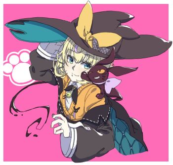 Rule 34 | 1girl, aqua eyes, bell, black jacket, blonde hair, border, bow, cardigan, grin, hashtag-only commentary, hat, hat bow, highres, jacket, jingle bell, large hat, lucie (millie parfait), millie parfait, millie parfait (1st costume), neck bell, nijisanji, nijisanji en, off shoulder, orange cardigan, orange nails, pink background, runbu (runbu rnb), smile, virtual youtuber, white border, witch hat